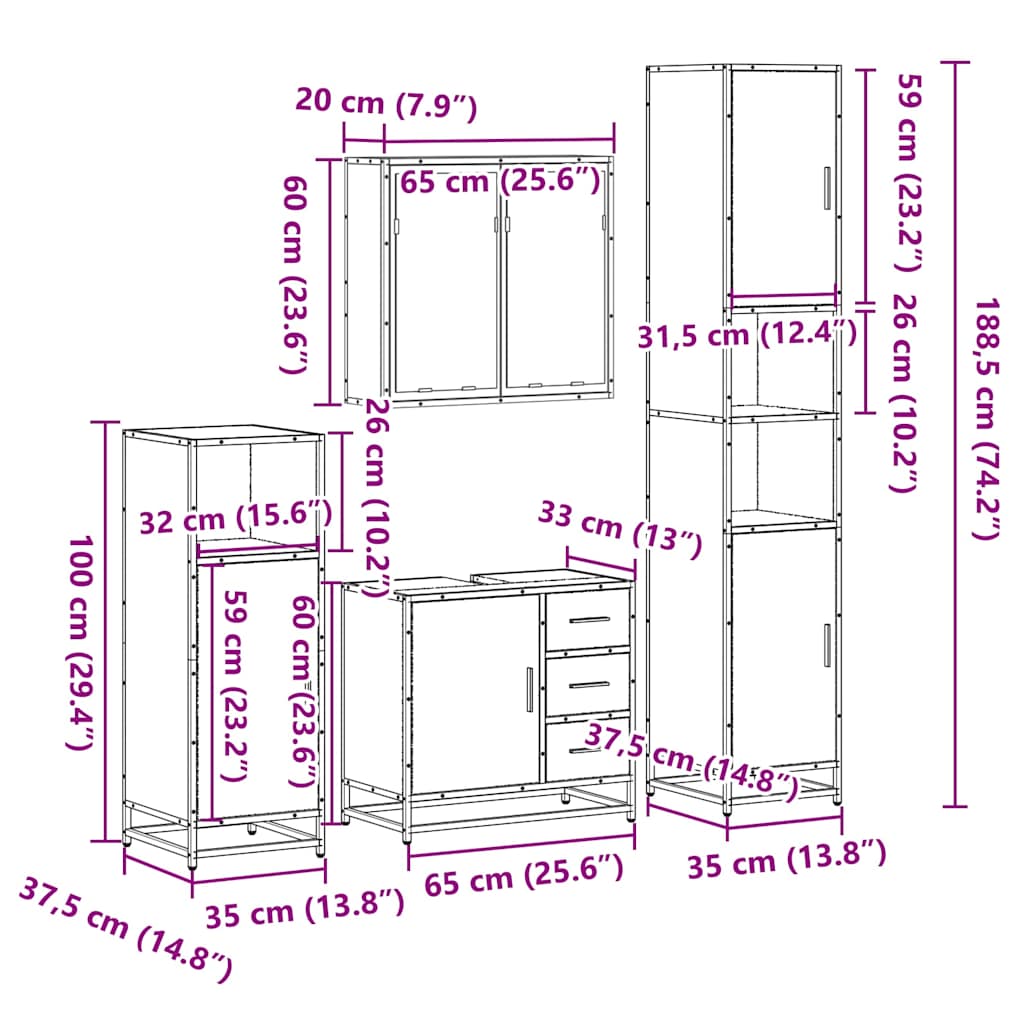 vidaXL 4 Piece Bathroom Furniture Set Sonoma Oak Engineered Wood