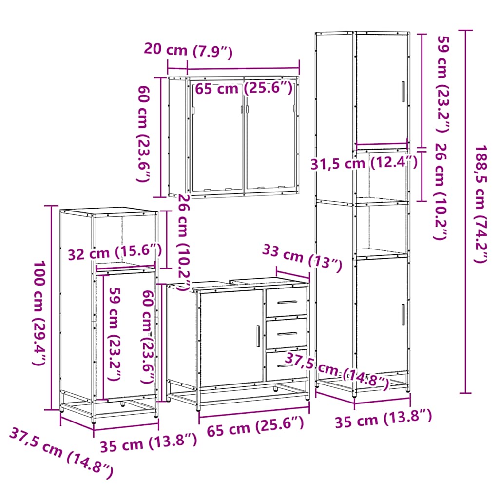 vidaXL 4 Piece Bathroom Furniture Set Smoked Oak Engineered Wood