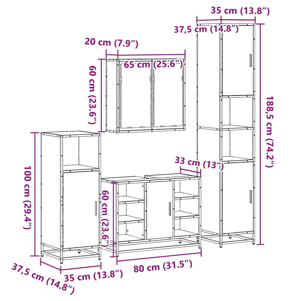 vidaXL 4 Piece Bathroom Furniture Set Smoked Oak Engineered Wood