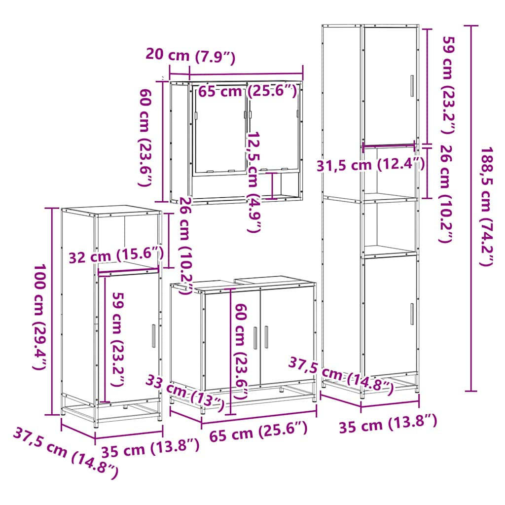 vidaXL 4 Piece Bathroom Furniture Set Smoked Oak Engineered Wood