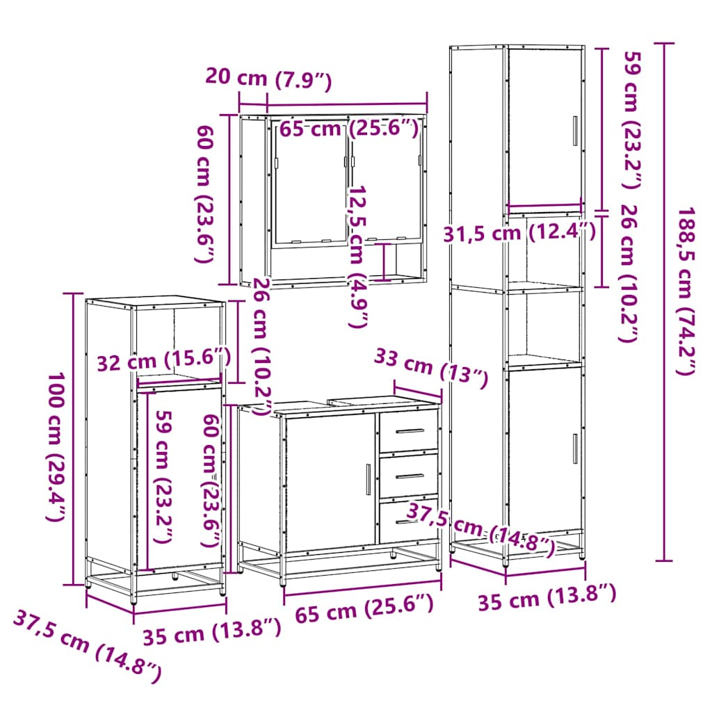 vidaXL 4 Piece Bathroom Furniture Set Smoked Oak Engineered Wood