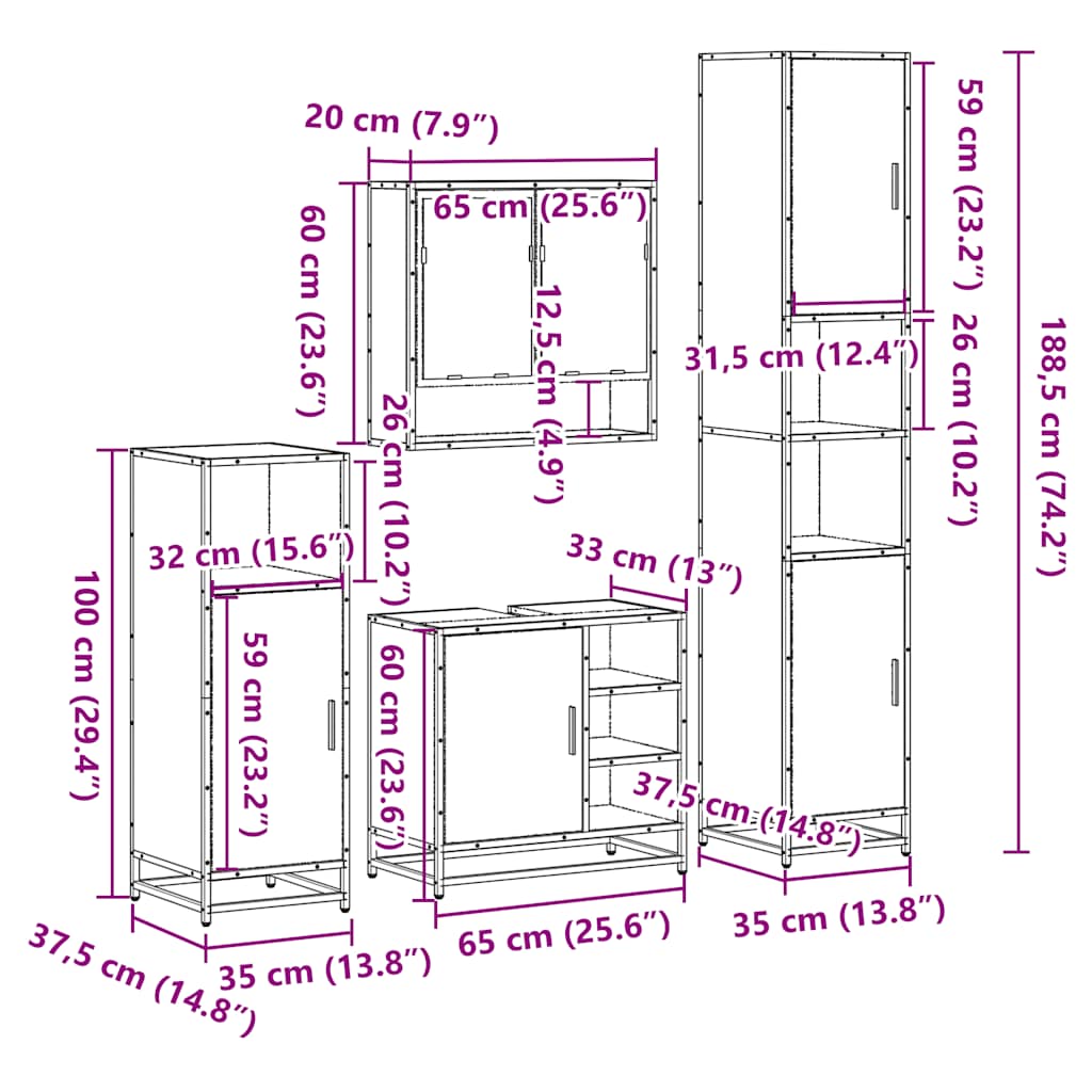 vidaXL 4 Piece Bathroom Furniture Set Sonoma Oak Engineered Wood