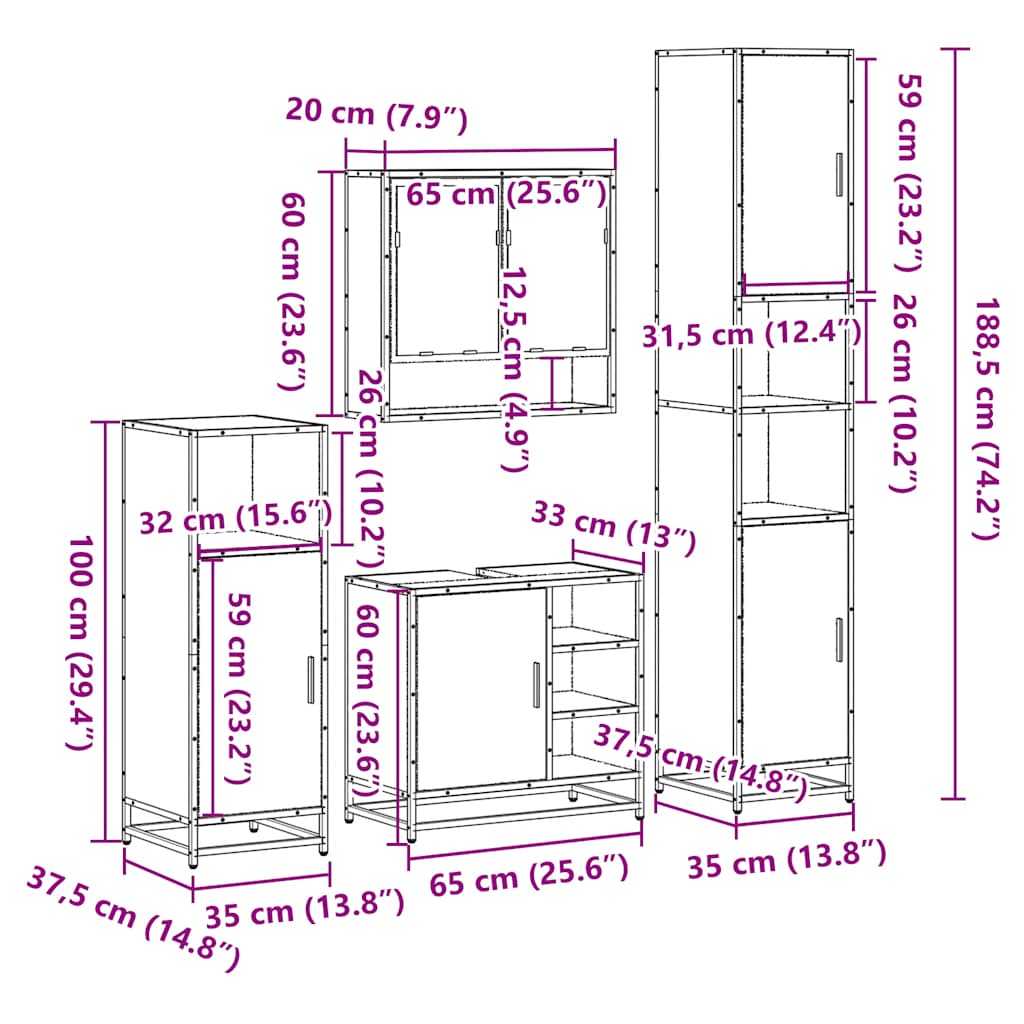 vidaXL 4 Piece Bathroom Furniture Set Smoked Oak Engineered Wood