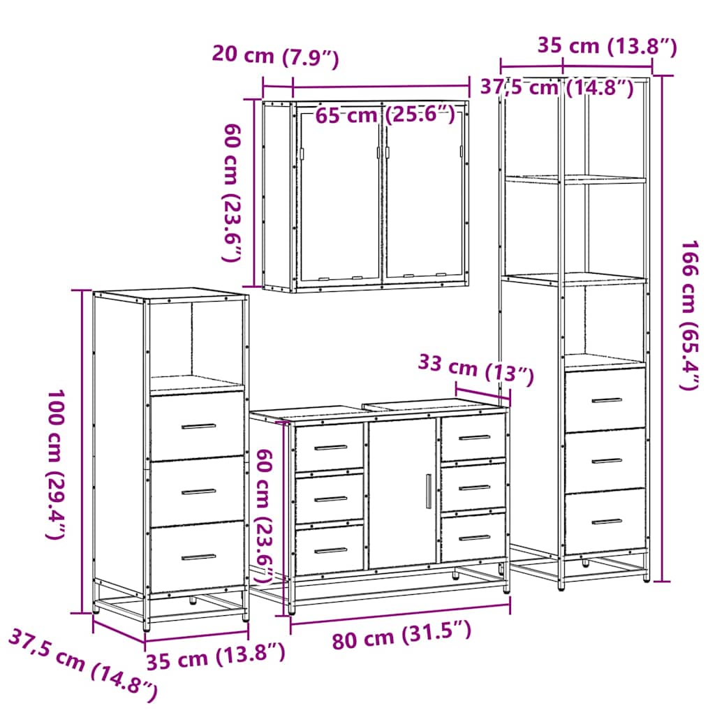 vidaXL 4 Piece Bathroom Furniture Set Smoked Oak Engineered Wood