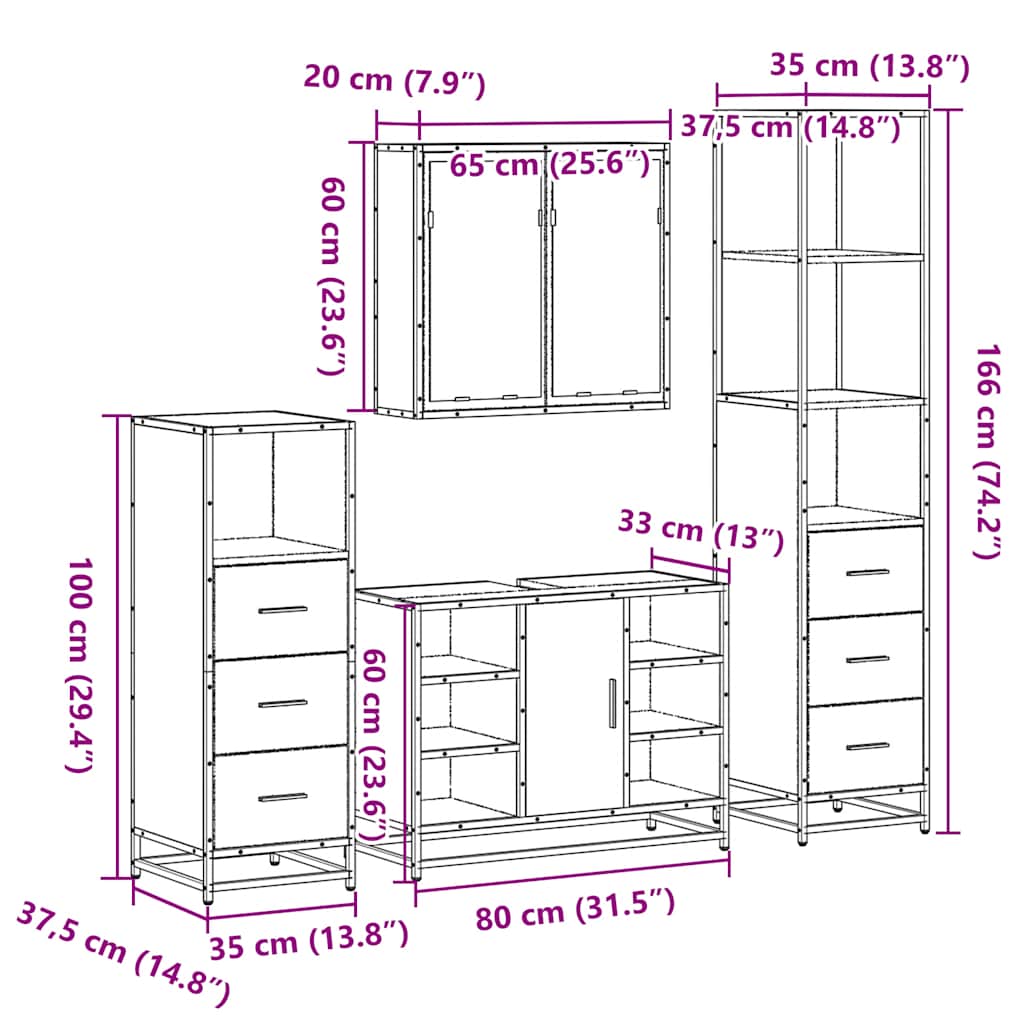 vidaXL 4 Piece Bathroom Furniture Set Sonoma Oak Engineered Wood