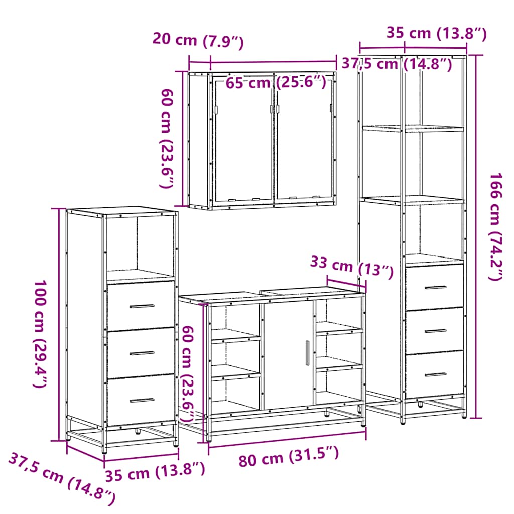 vidaXL 4 Piece Bathroom Furniture Set Smoked Oak Engineered Wood