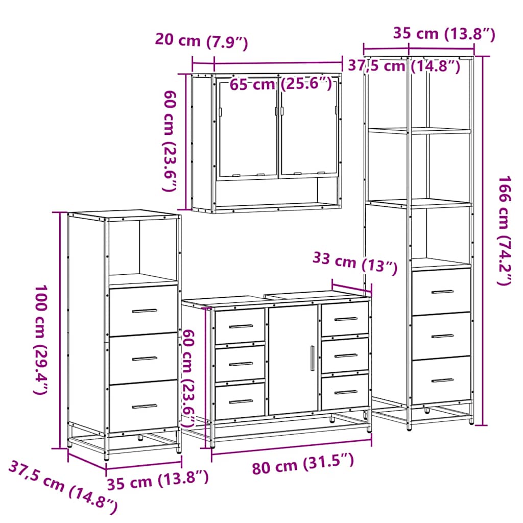 vidaXL 4 Piece Bathroom Furniture Set Sonoma Oak Engineered Wood