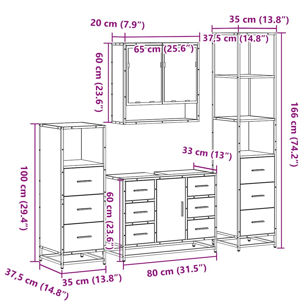 vidaXL 4 Piece Bathroom Furniture Set Smoked Oak Engineered Wood