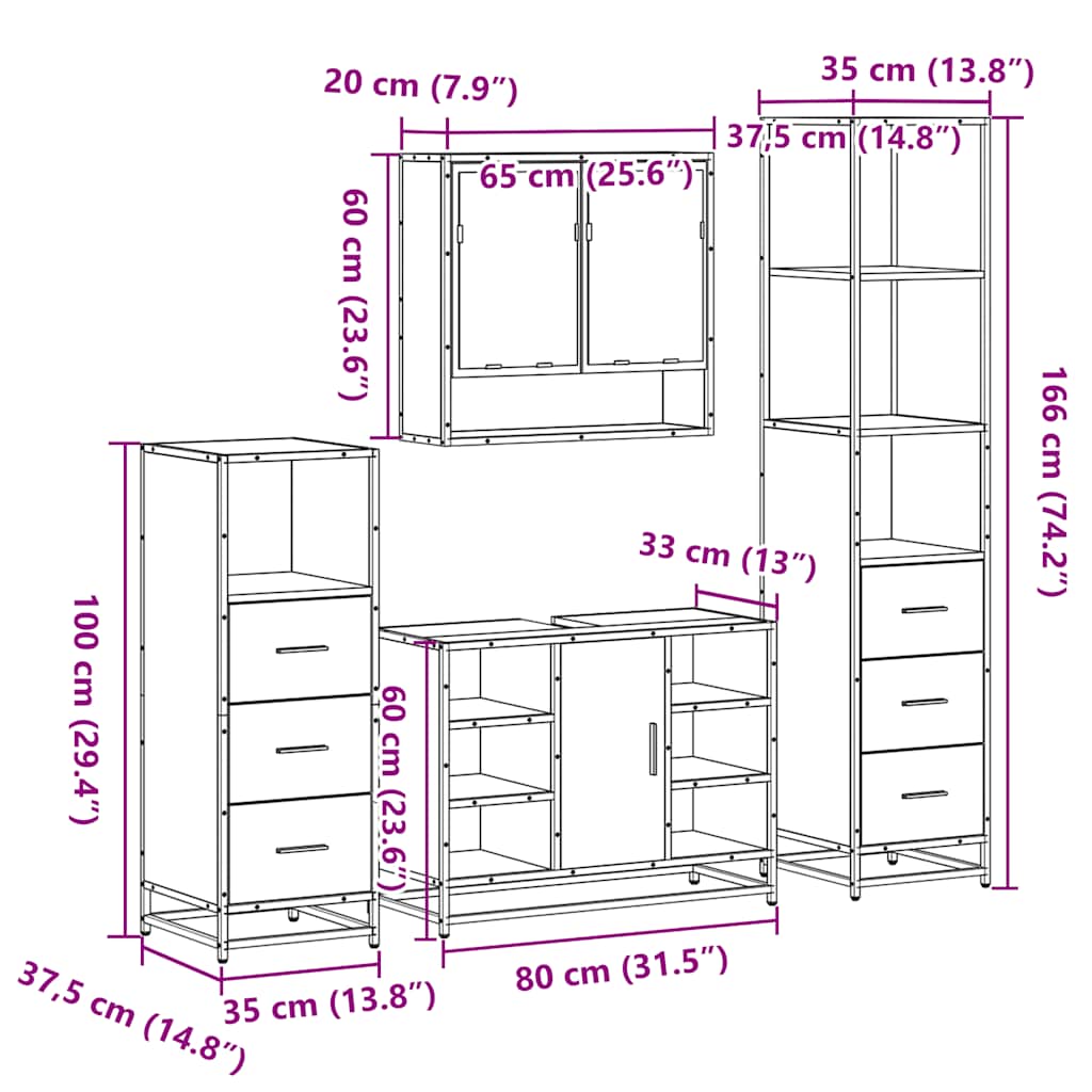 vidaXL 4 Piece Bathroom Furniture Set Smoked Oak Engineered Wood