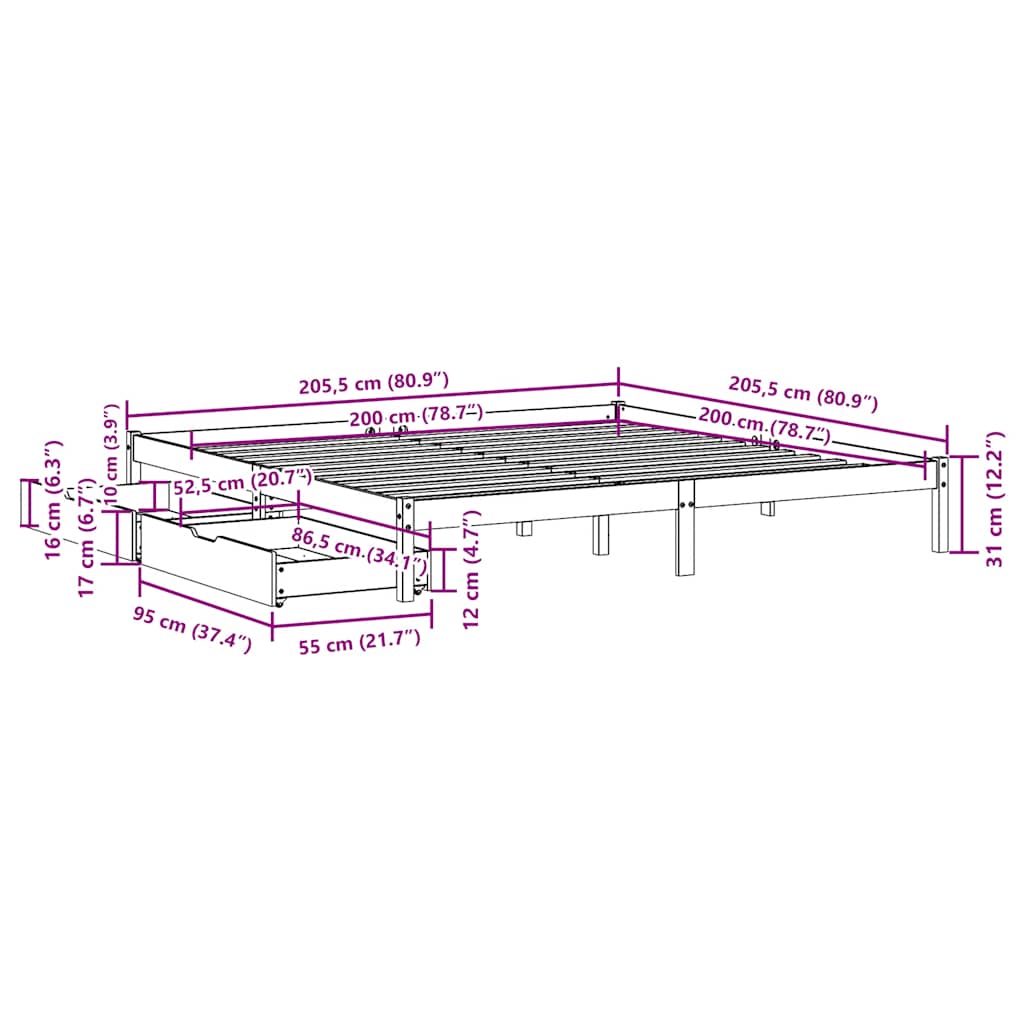 vidaXL Bed Frame without Mattress White 200x200 cm Solid Wood Pine