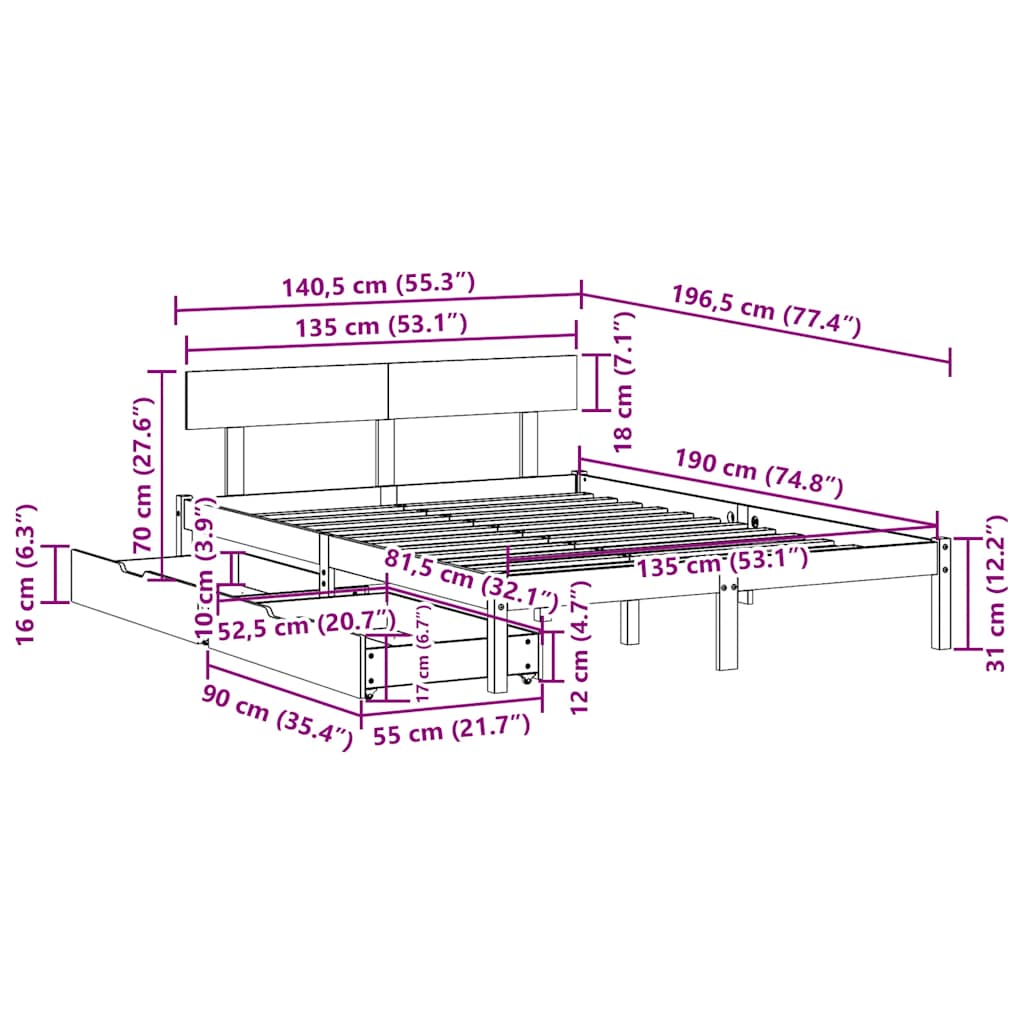 vidaXL Bed Frame without Mattress White 135x190 cm Double Solid Wood Pine