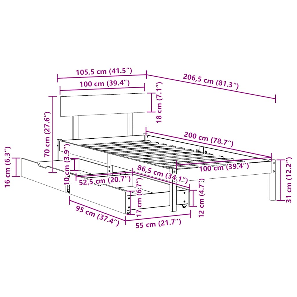 vidaXL Bed Frame without Mattress White 100x200 cm Solid Wood Pine