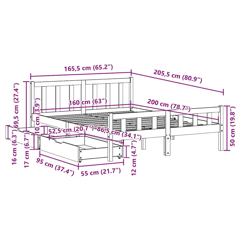 vidaXL Bed Frame without Mattress Wax Brown 160x200 cm Solid Wood Pine