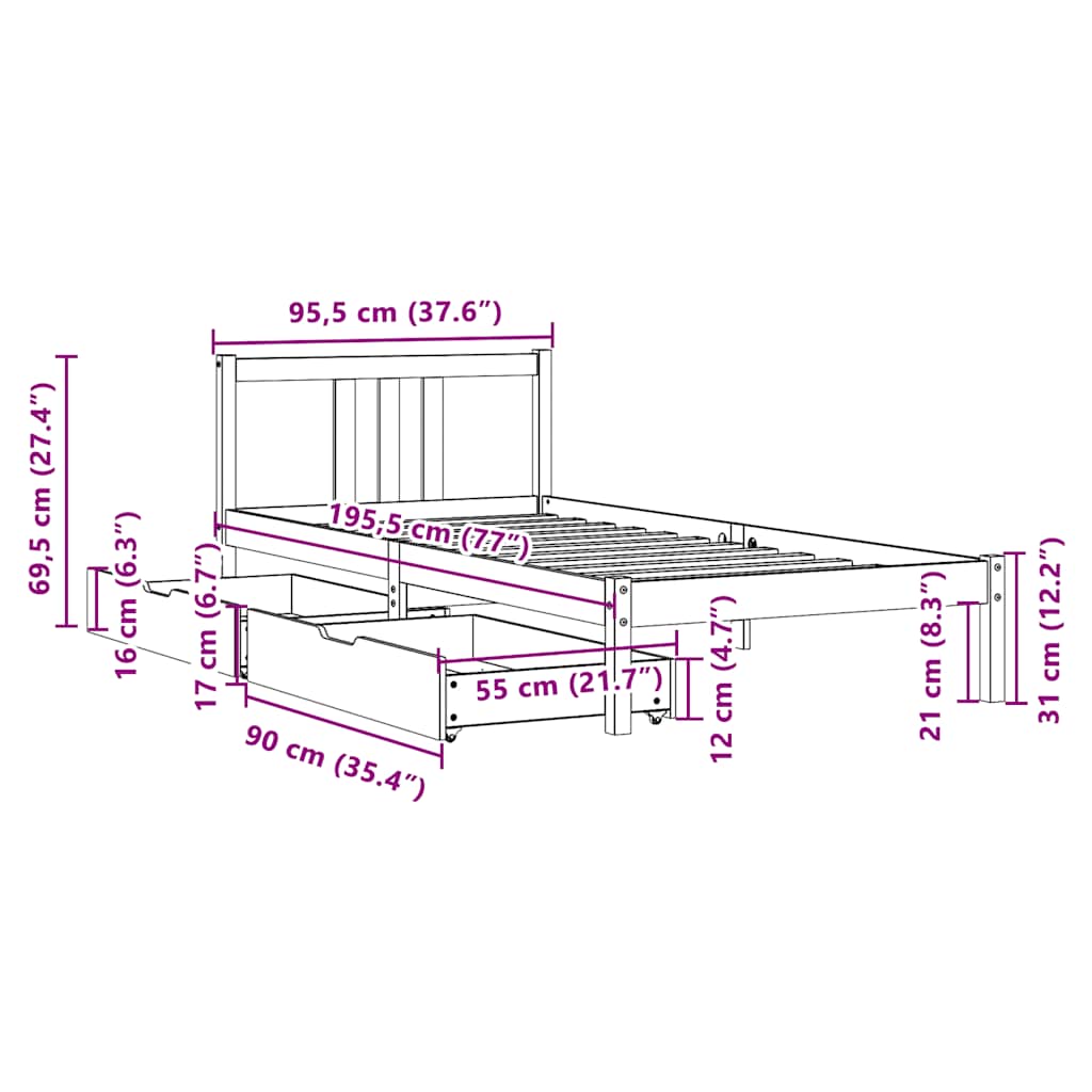 vidaXL Bed Frame without Mattress 90x190 cm Single Solid Wood Pine