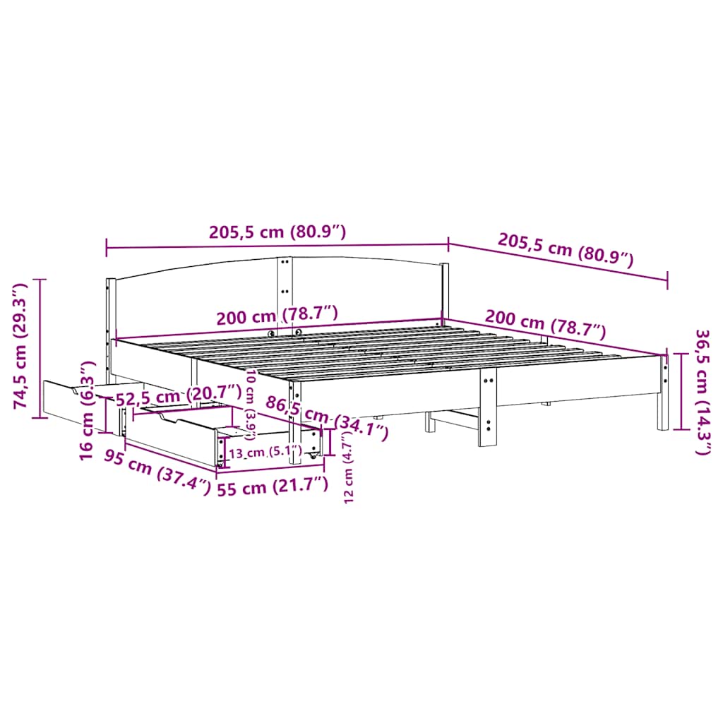 vidaXL Bed Frame without Mattress White 200x200 cm Solid Wood Pine