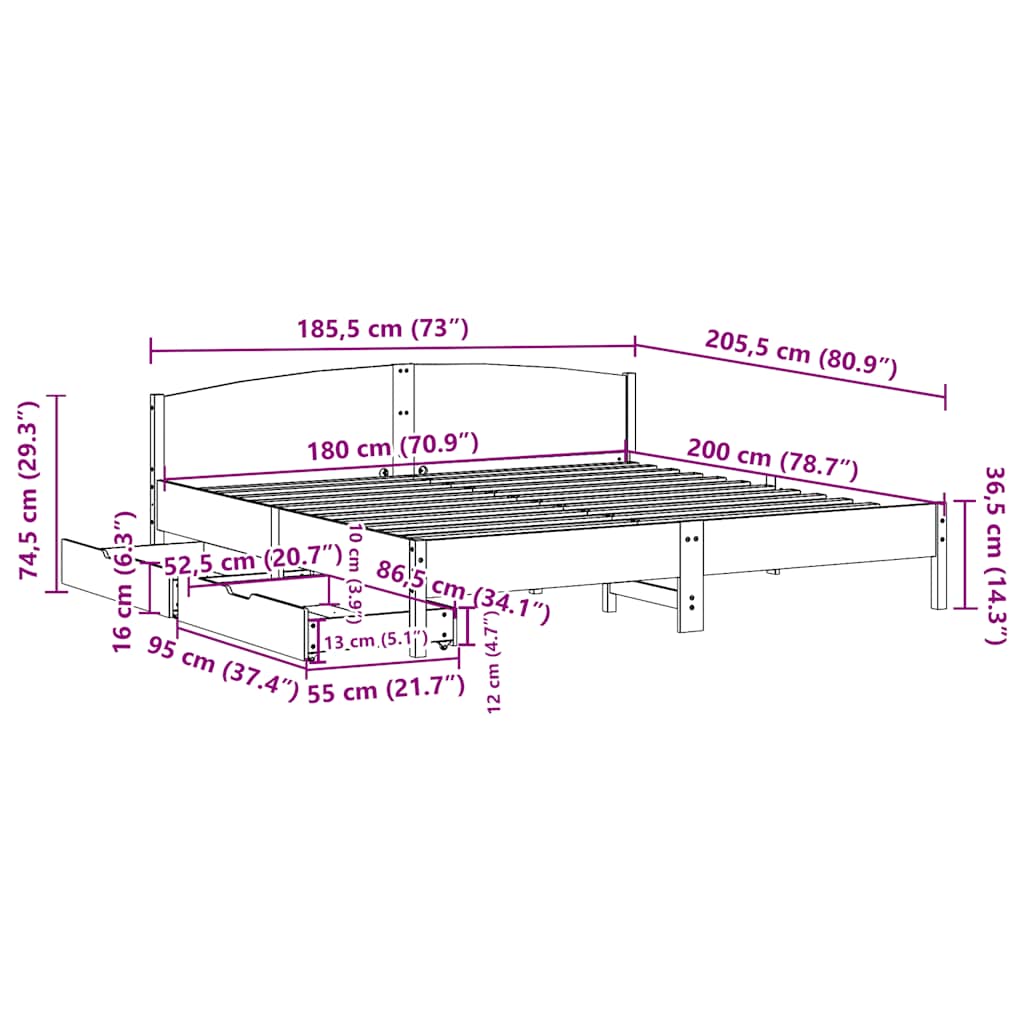 vidaXL Bed Frame without Mattress White 180x200 cm Super King Solid Wood Pine