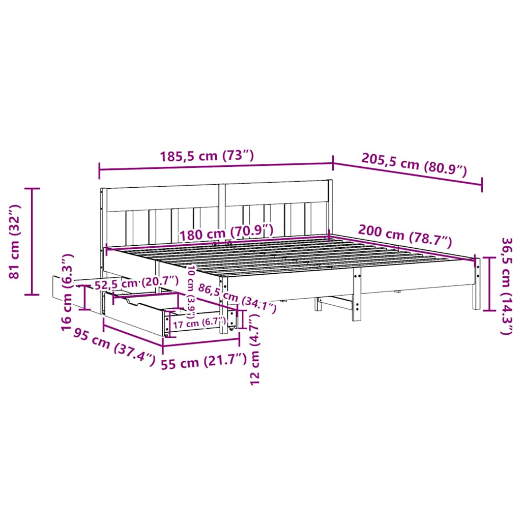 vidaXL Bed Frame without Mattress Wax Brown 180x200 cm Super King Solid Wood Pine