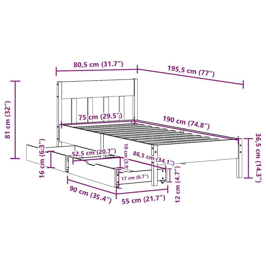 vidaXL Bed Frame without Mattress White 75x190 cm Small Single Solid Wood Pine