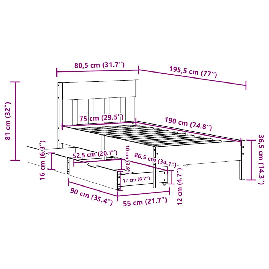vidaXL Bed Frame without Mattress Wax Brown 75x190 cm Small Single Solid Wood Pine