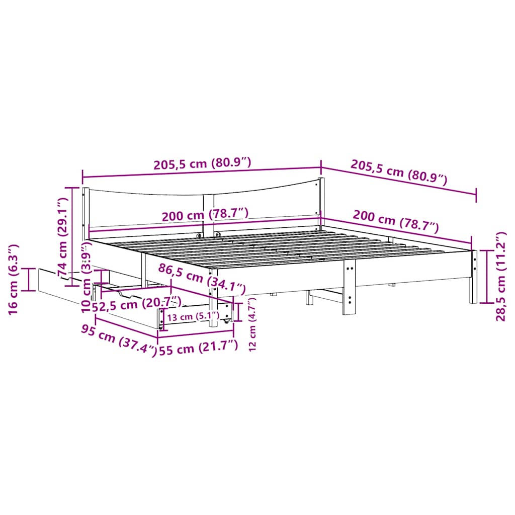 vidaXL Bed Frame with Drawers Wax Brown 200x200 cm Solid Wood Pine