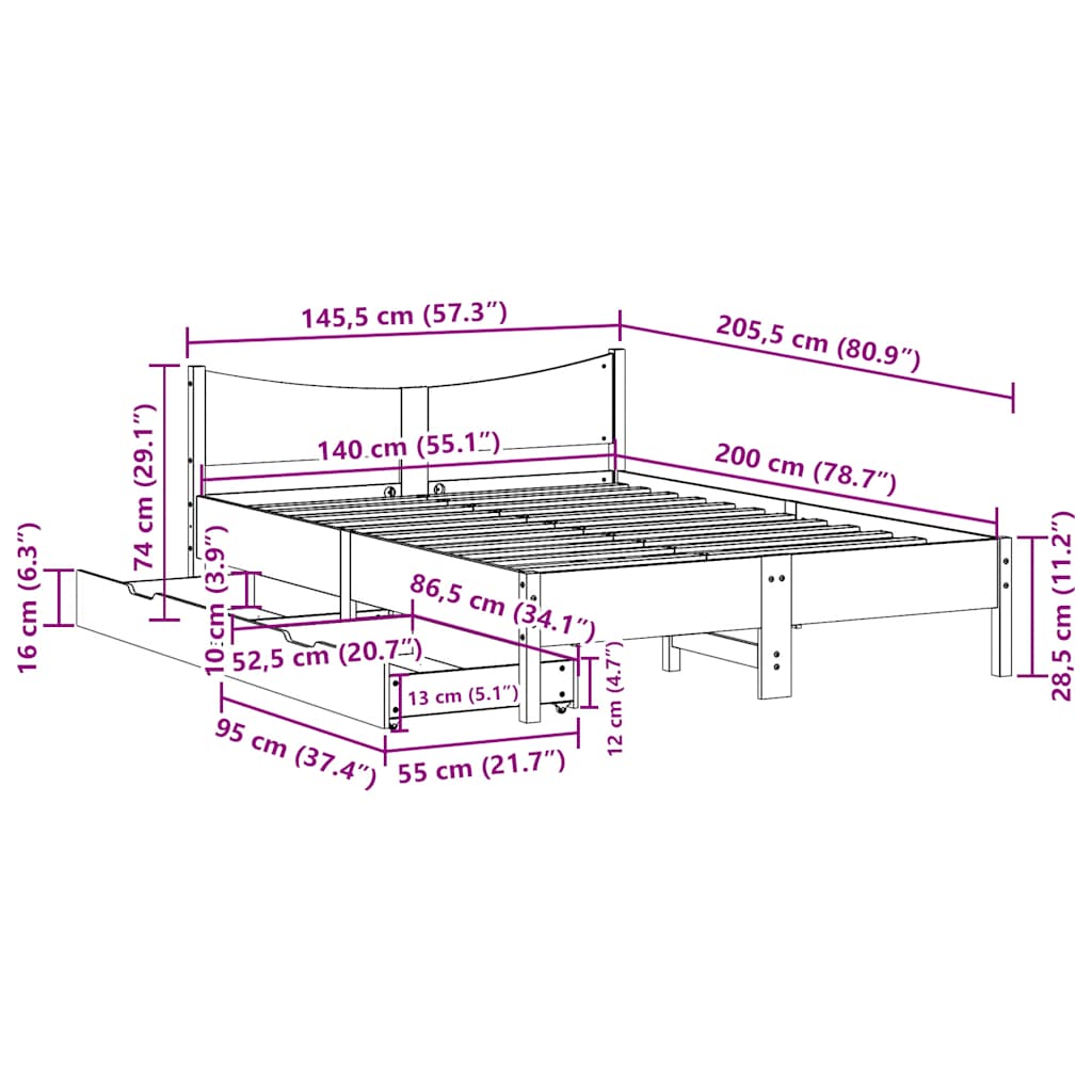 vidaXL Bed Frame with Drawers White 140x200 cm Solid Wood Pine