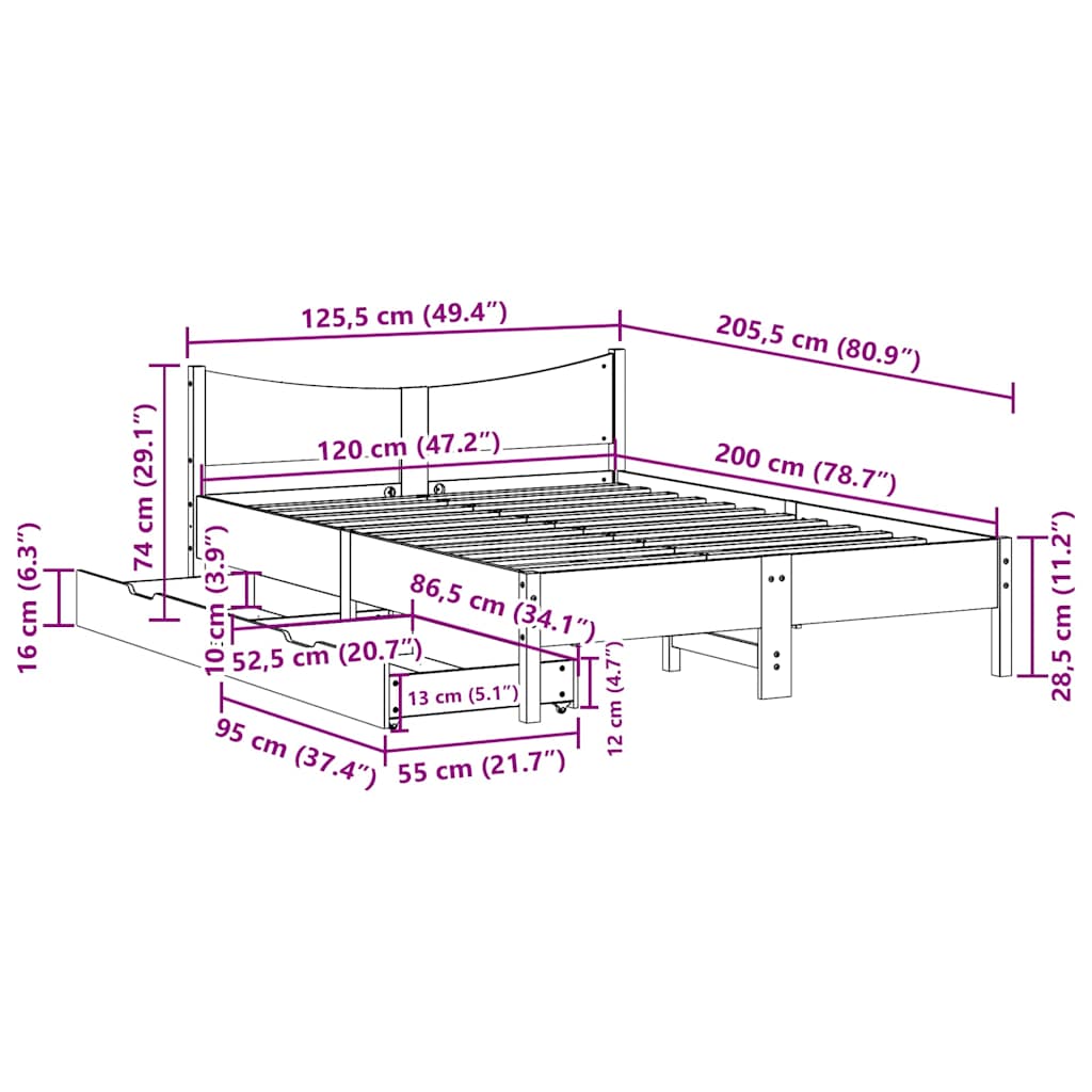 vidaXL Bed Frame with Drawers White 120x200 cm Solid Wood Pine