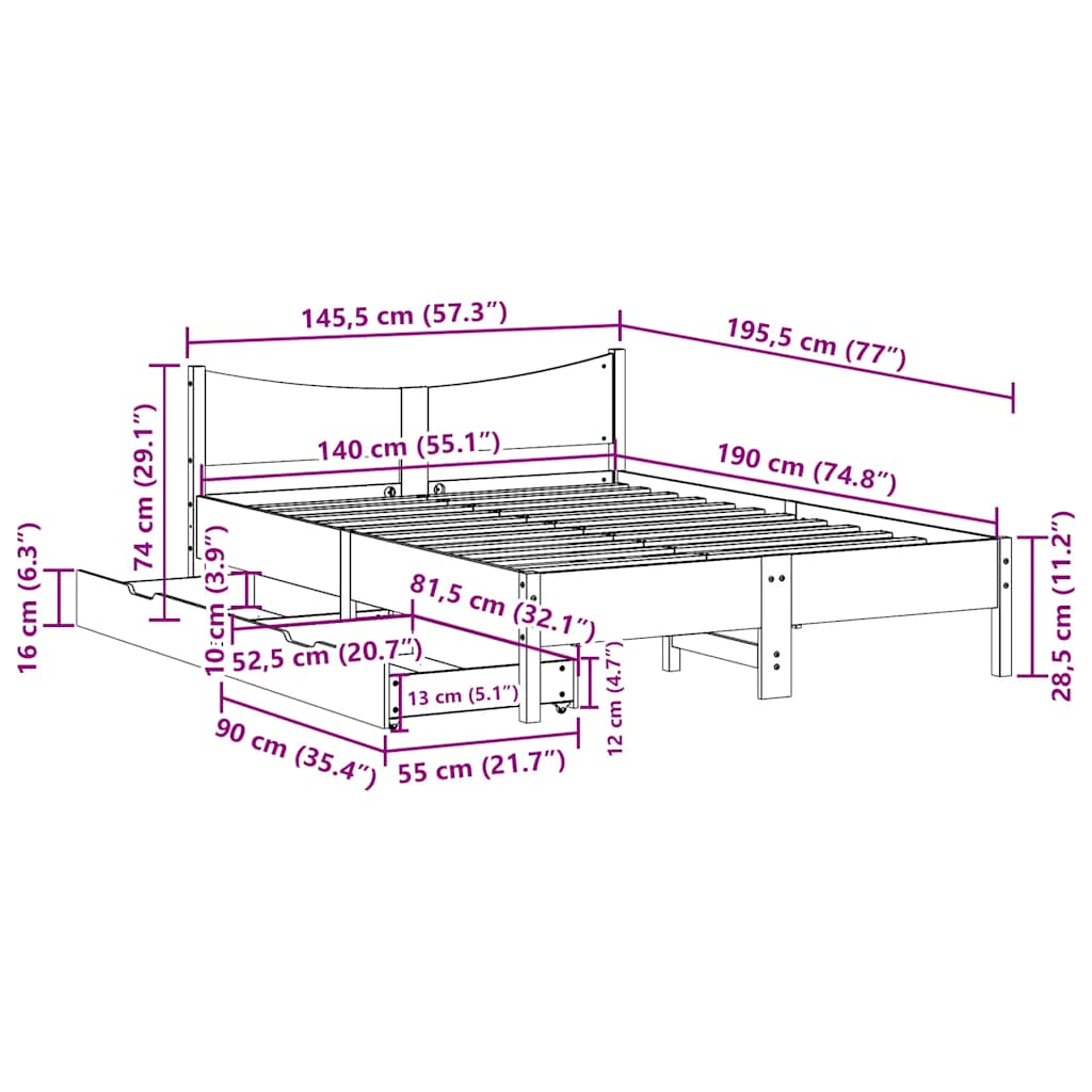 vidaXL Bed Frame with Drawers Wax Brown 140x190 cm Solid Wood Pine