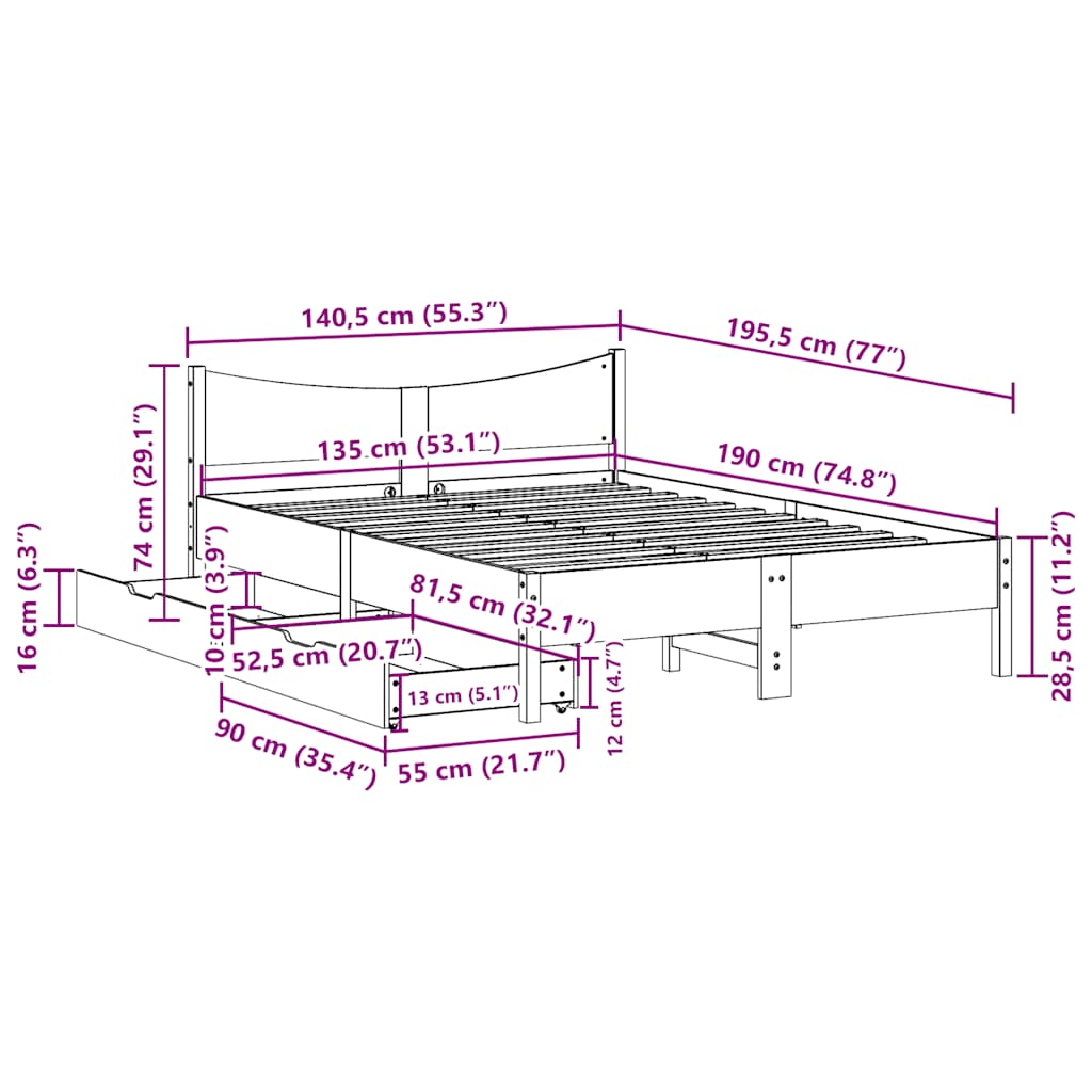 vidaXL Bed Frame with Drawers White 135x190 cm Double Solid Wood Pine