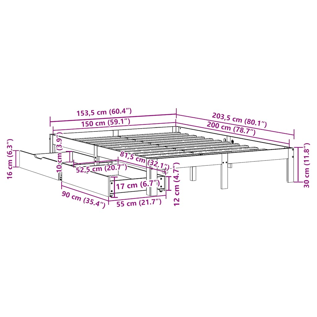 vidaXL Bed Frame with Drawers without Mattress White 150x200 cm King Size
