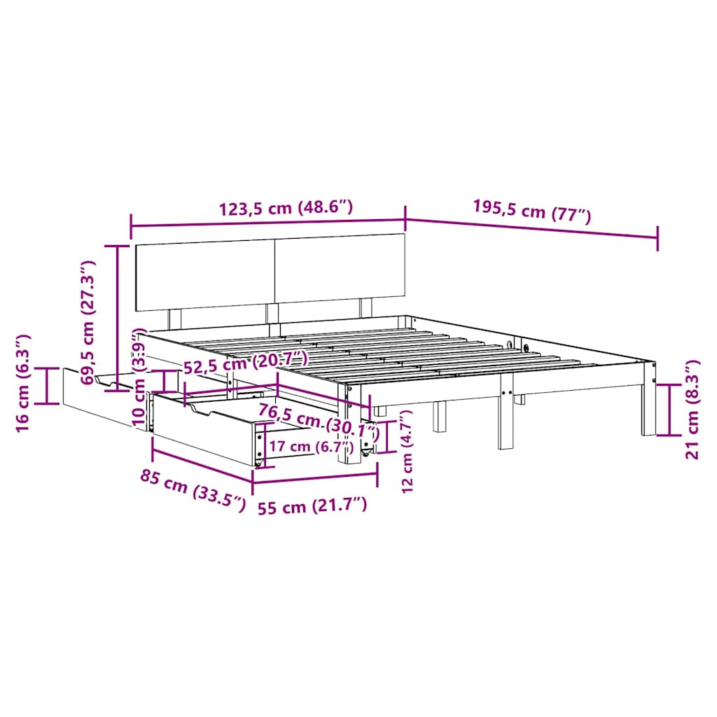 vidaXL Bed Frame with Drawers without Mattress 120x190 cm Small Double