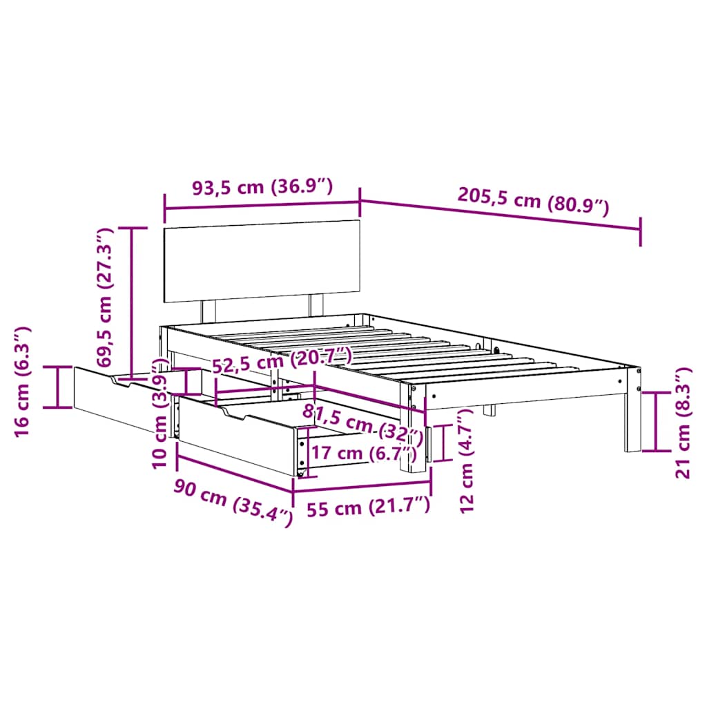 vidaXL Bed Frame with Drawers without Mattress White 90x200 cm