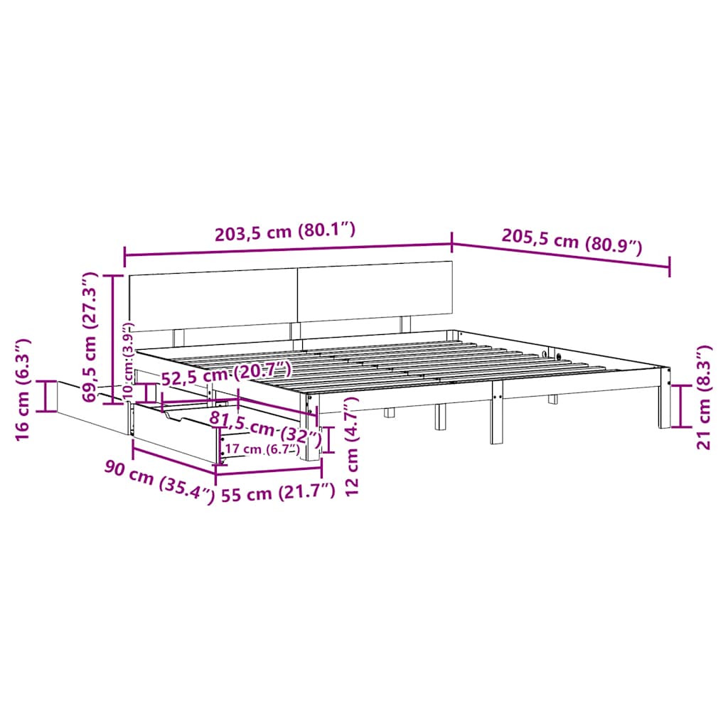 vidaXL Bed Frame with Drawers without Mattress White 200x200 cm