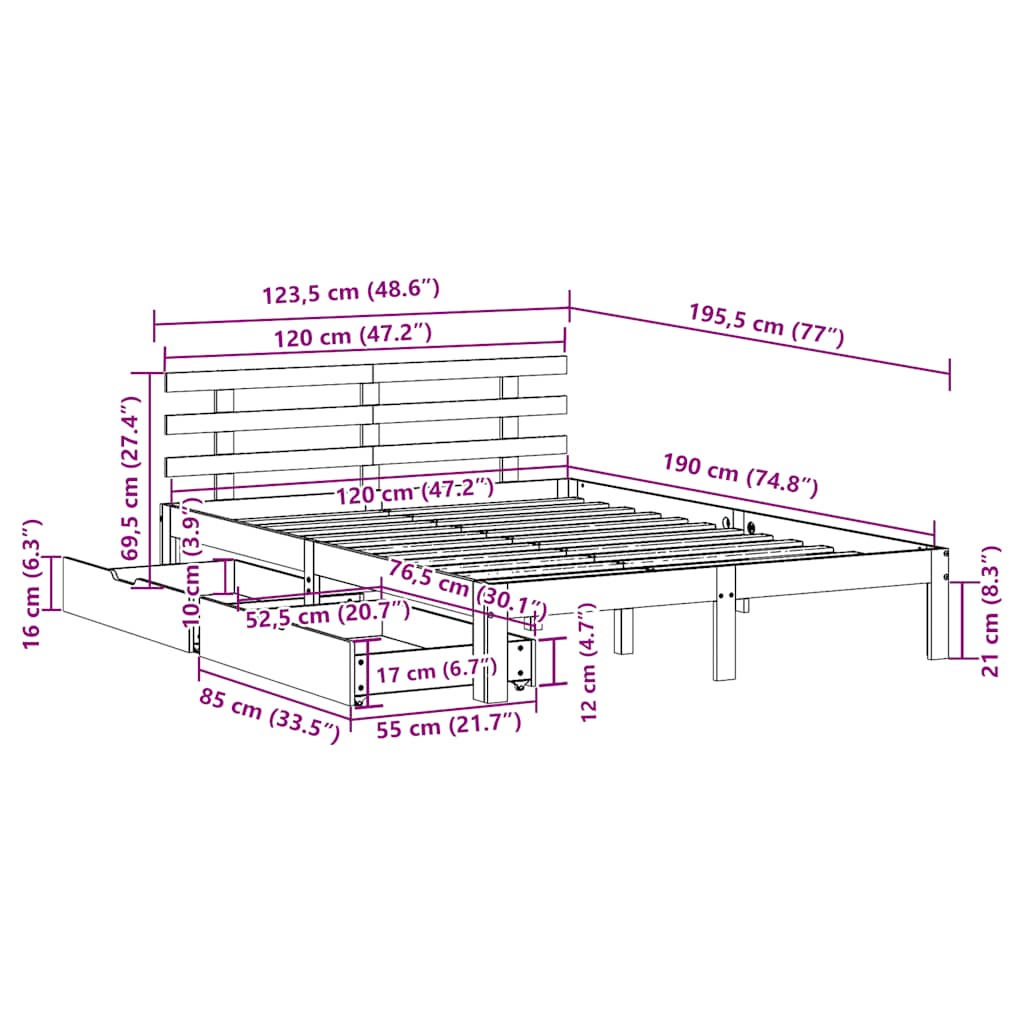 vidaXL Bed Frame with Drawers without Mattress White 120x190 cm Small Double