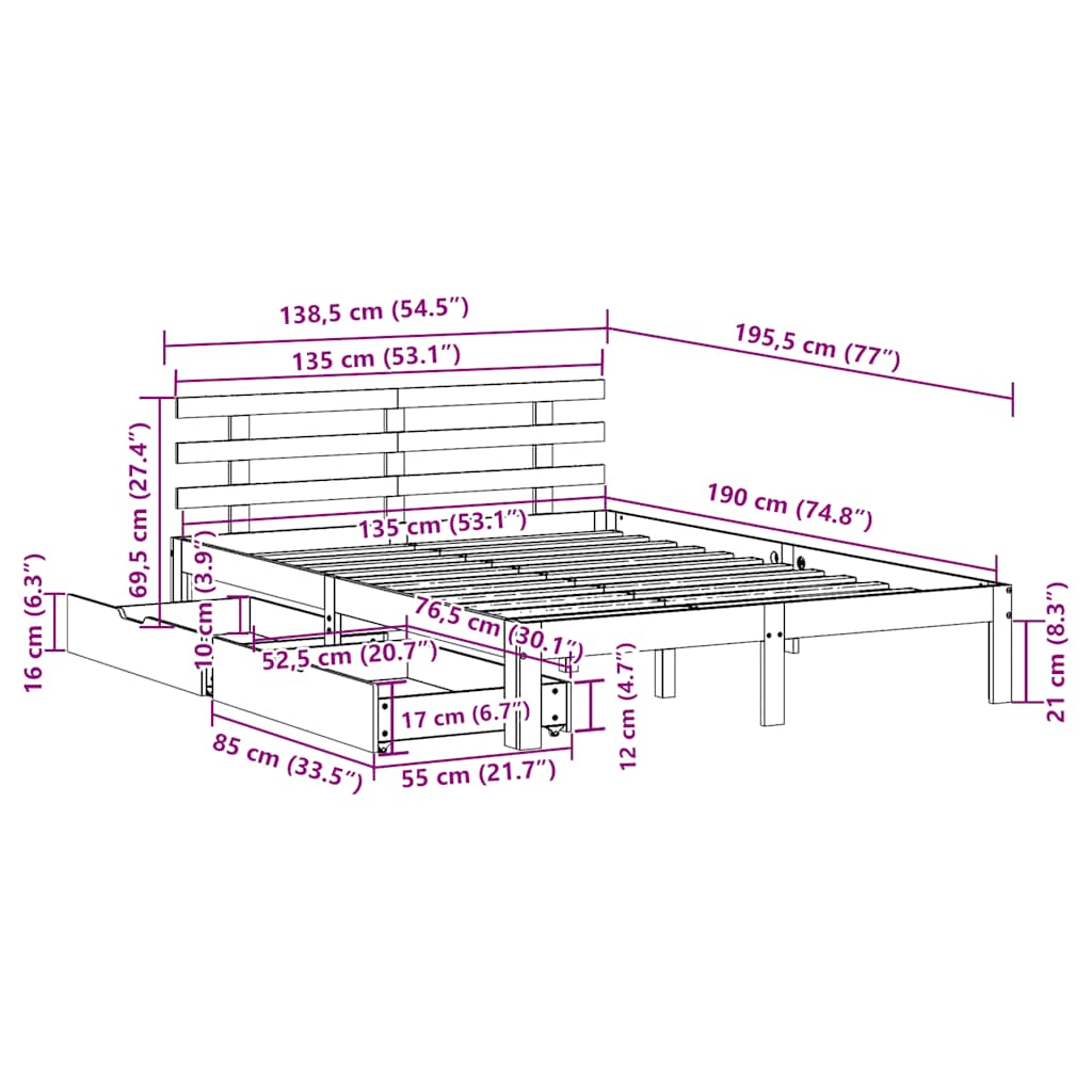 vidaXL Bed Frame with Drawers without Mattress 135x190 cm Double
