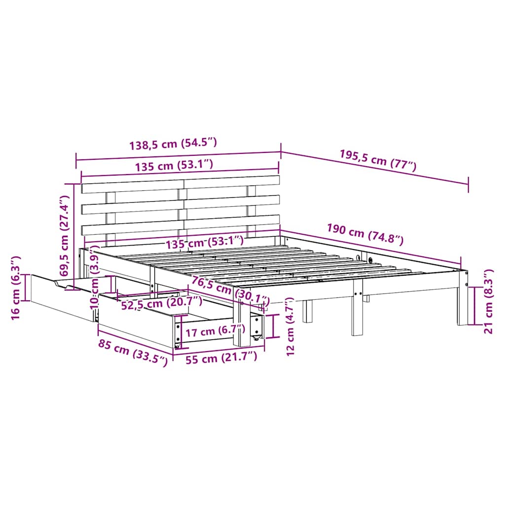 vidaXL Bed Frame with Drawers without Mattress White 135x190 cm Double