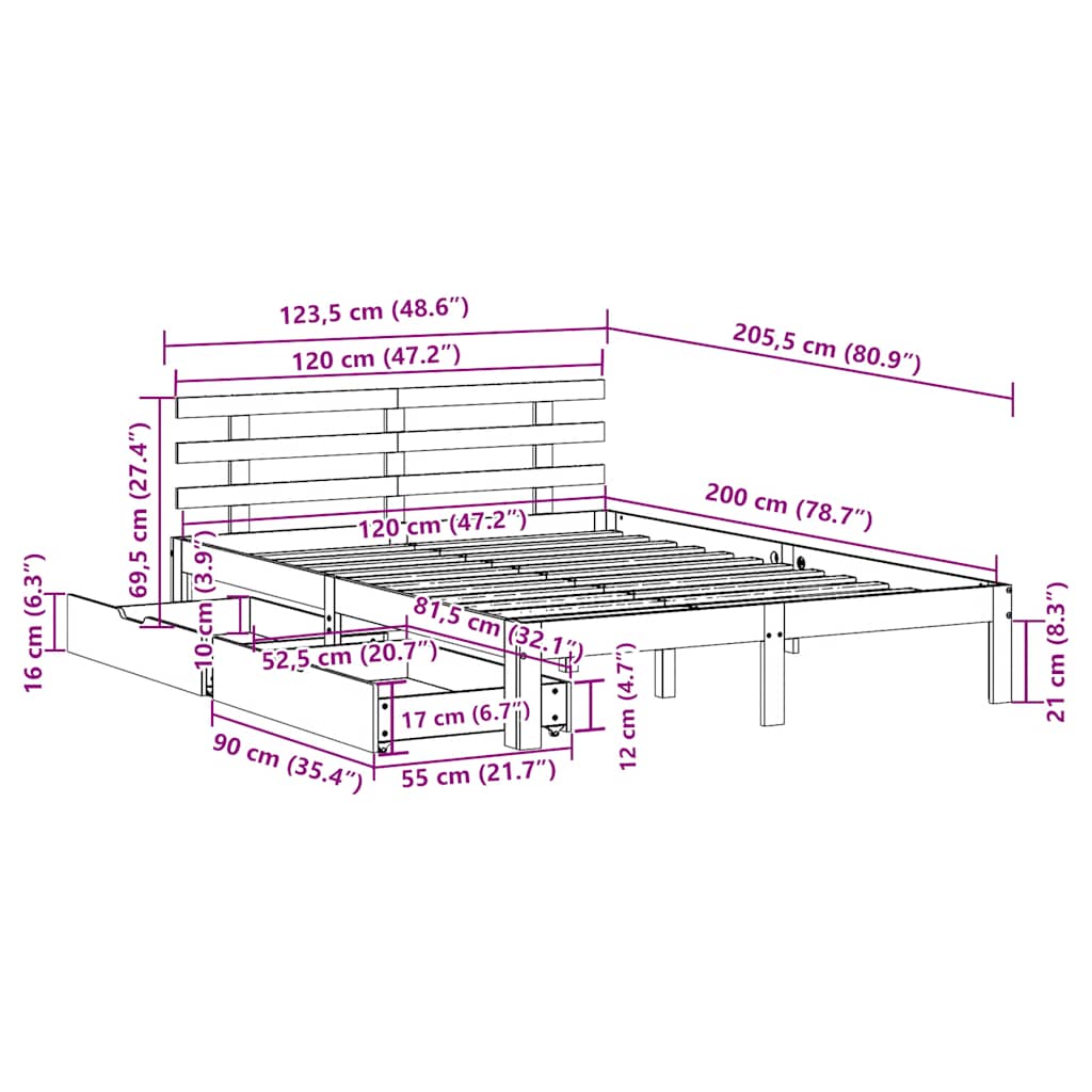 vidaXL Bed Frame with Drawers without Mattress 120x200 cm