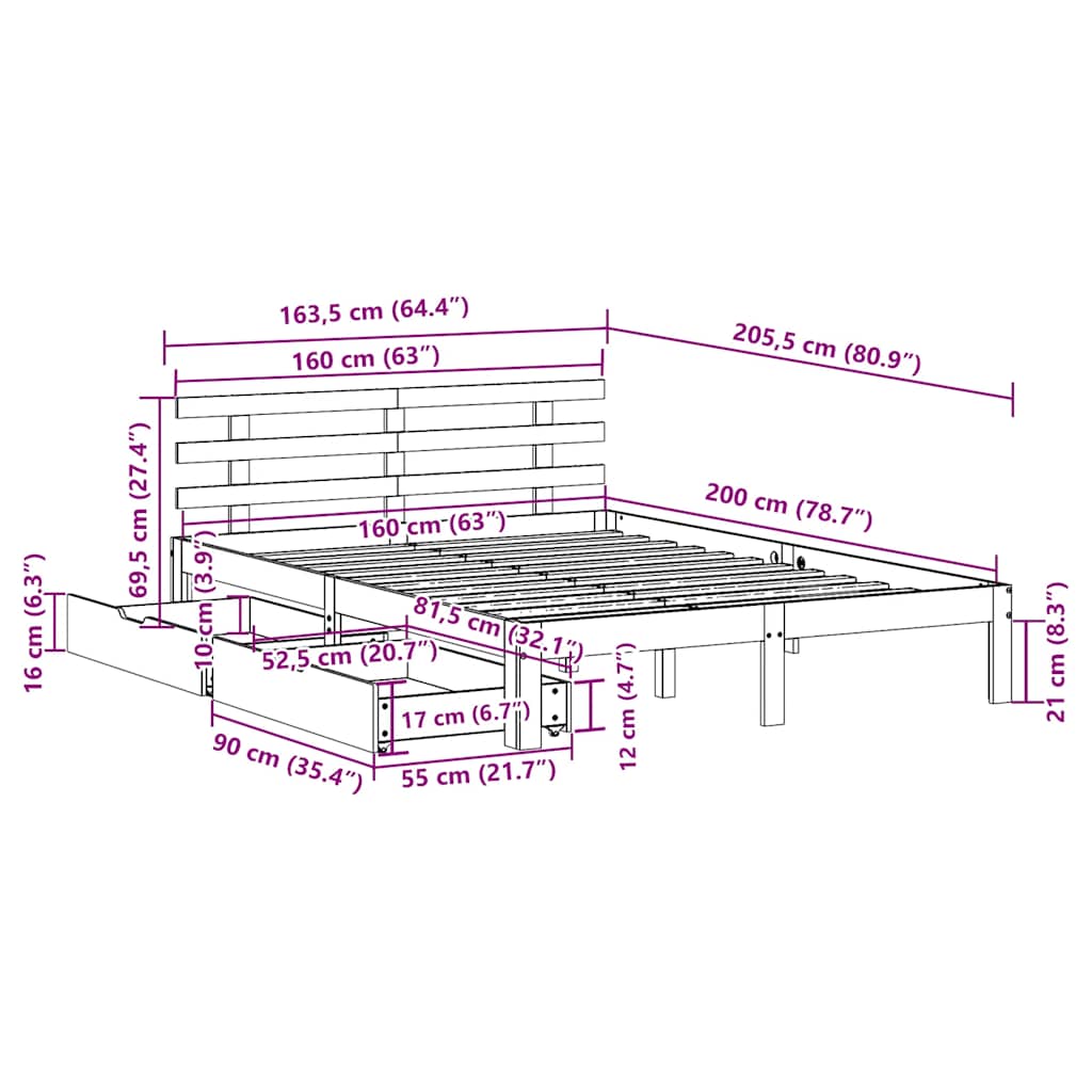 vidaXL Bed Frame with Drawers without Mattress White 160x200 cm