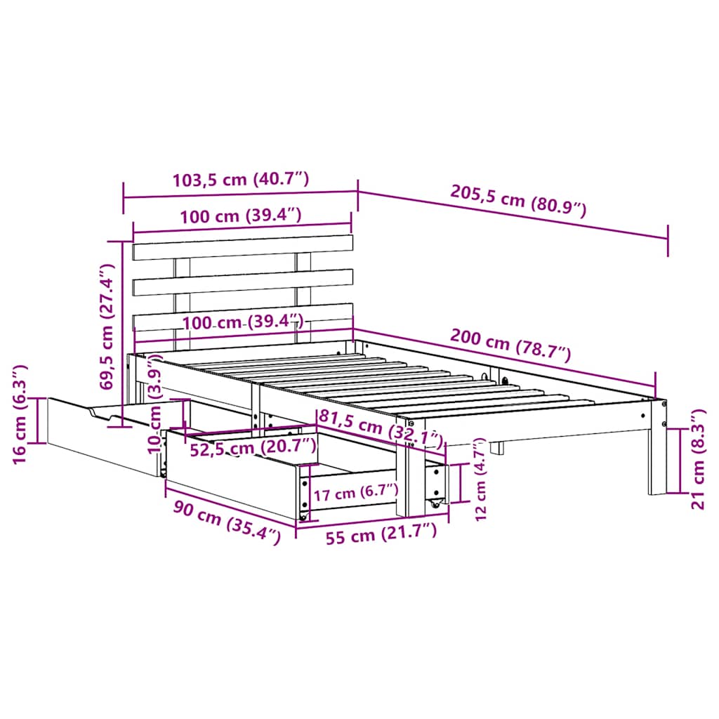 vidaXL Bed Frame with Drawers without Mattress Wax Brown 100x200 cm