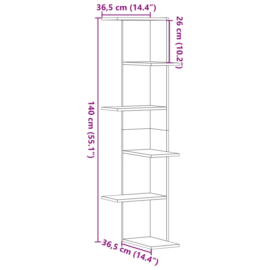vidaXL Wall Corner Shelf Grey Sonoma 36,5x36,5x140 cm Engineered Wood