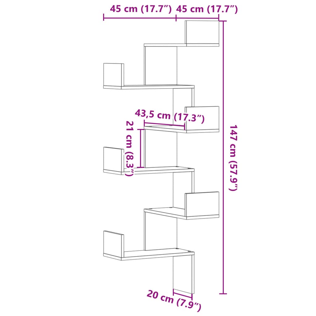 vidaXL Wall Corner Shelf Grey Sonoma 45x45x147 cm Engineered Wood