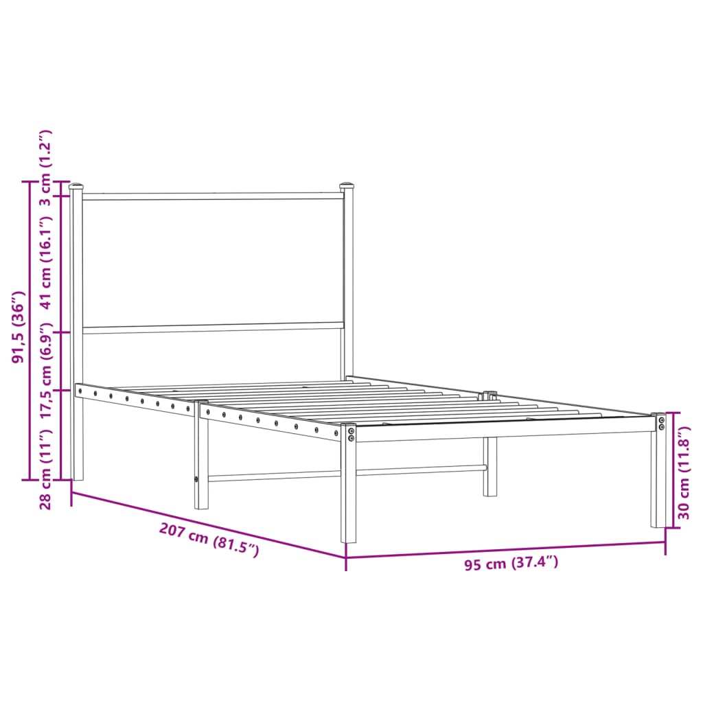 vidaXL Metal Bed Frame without Mattress Smoked Oak 90x200 cm