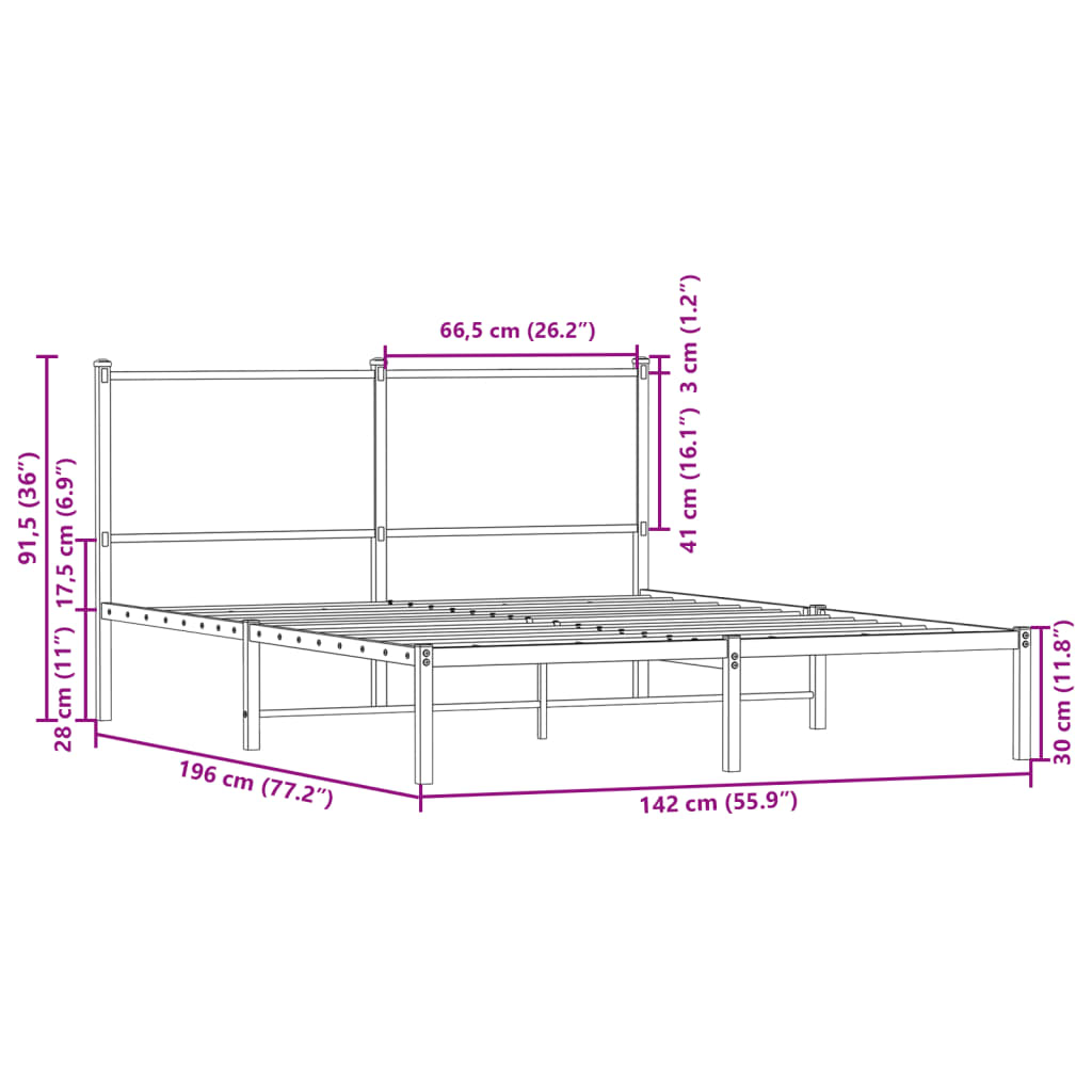 vidaXL Metal Bed Frame without Mattress Smoked Oak 137x190 cm