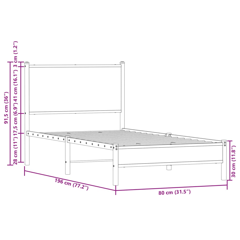 vidaXL Metal Bed Frame without Mattress Smoked Oak 75x190 cm Small Single