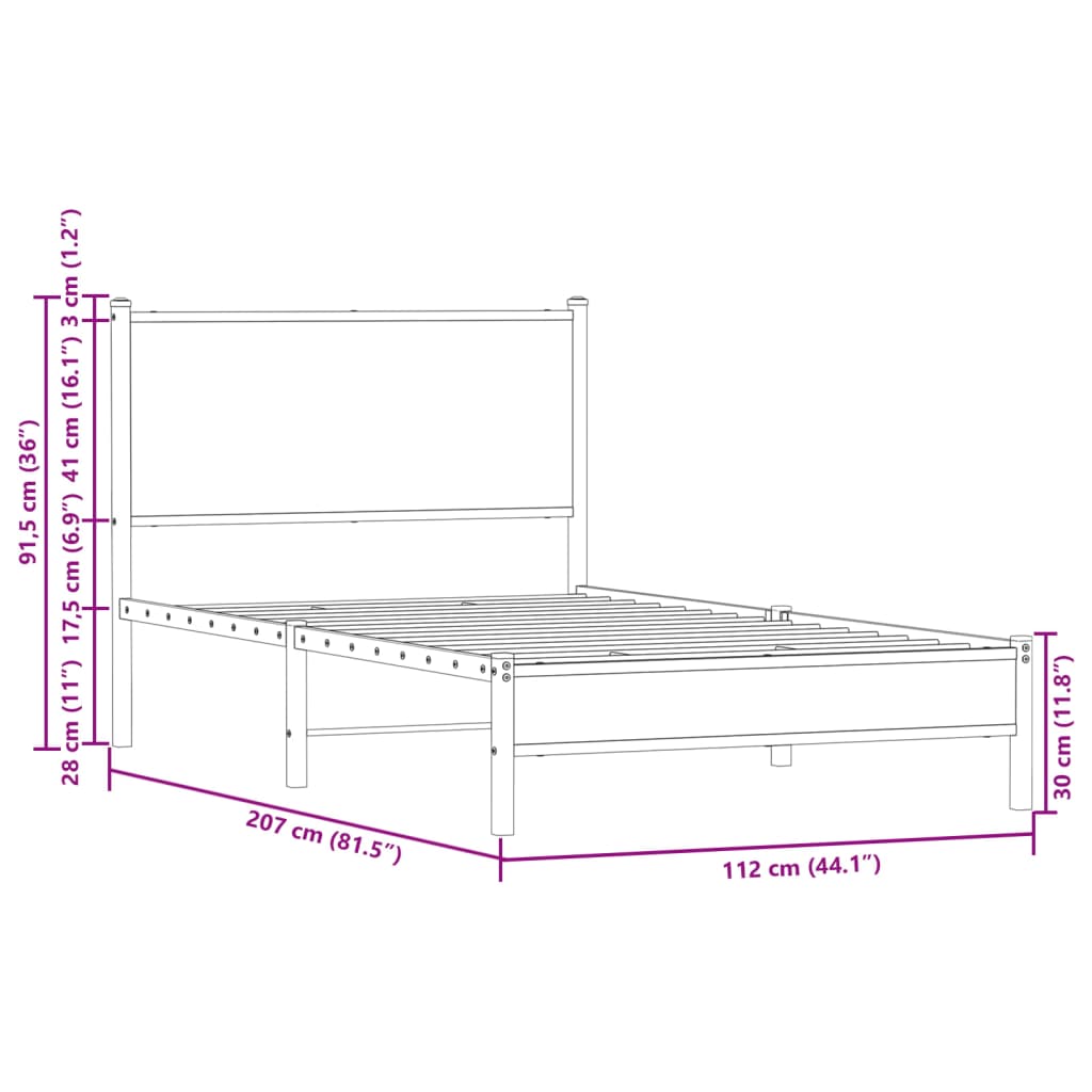 vidaXL Metal Bed Frame without Mattress Smoked Oak 107x203 cm