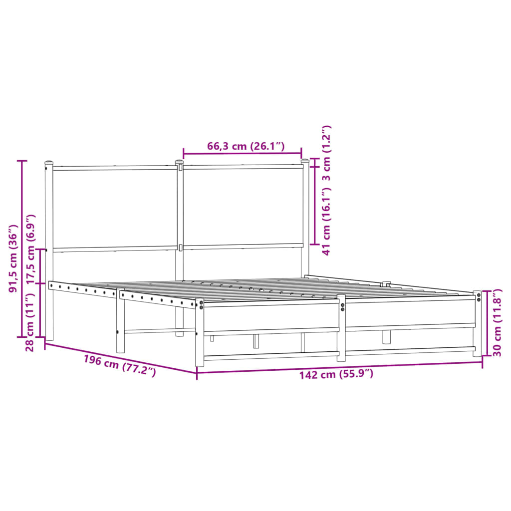 vidaXL Metal Bed Frame without Mattress Smoked Oak 137x190 cm