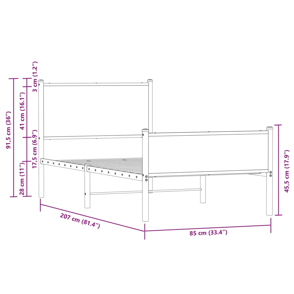 vidaXL Metal Bed Frame without Mattress Smoked Oak 80x200 cm
