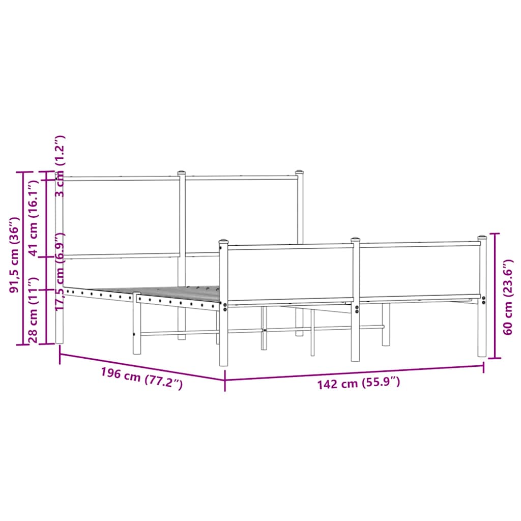 vidaXL Metal Bed Frame without Mattress Smoked Oak 137x190 cm