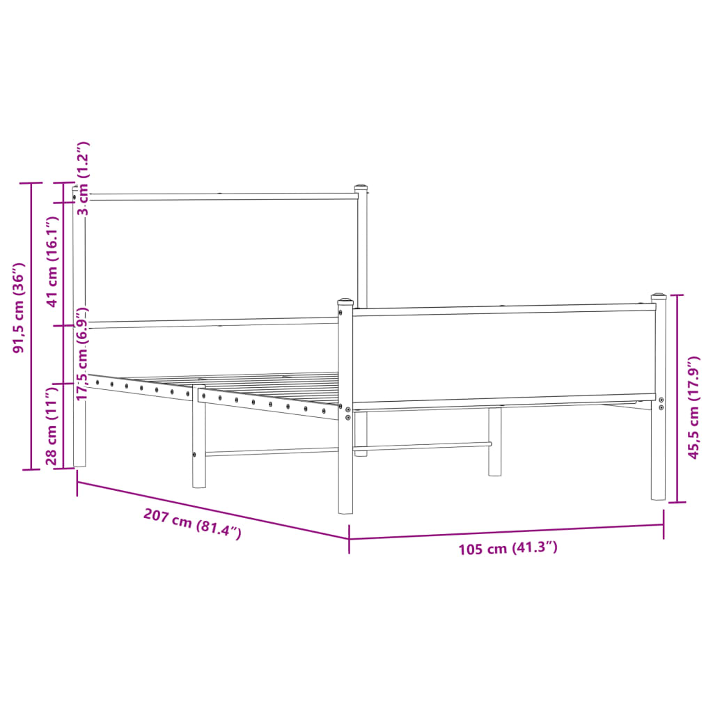vidaXL Metal Bed Frame without Mattress Sonoma Oak 100x200 cm