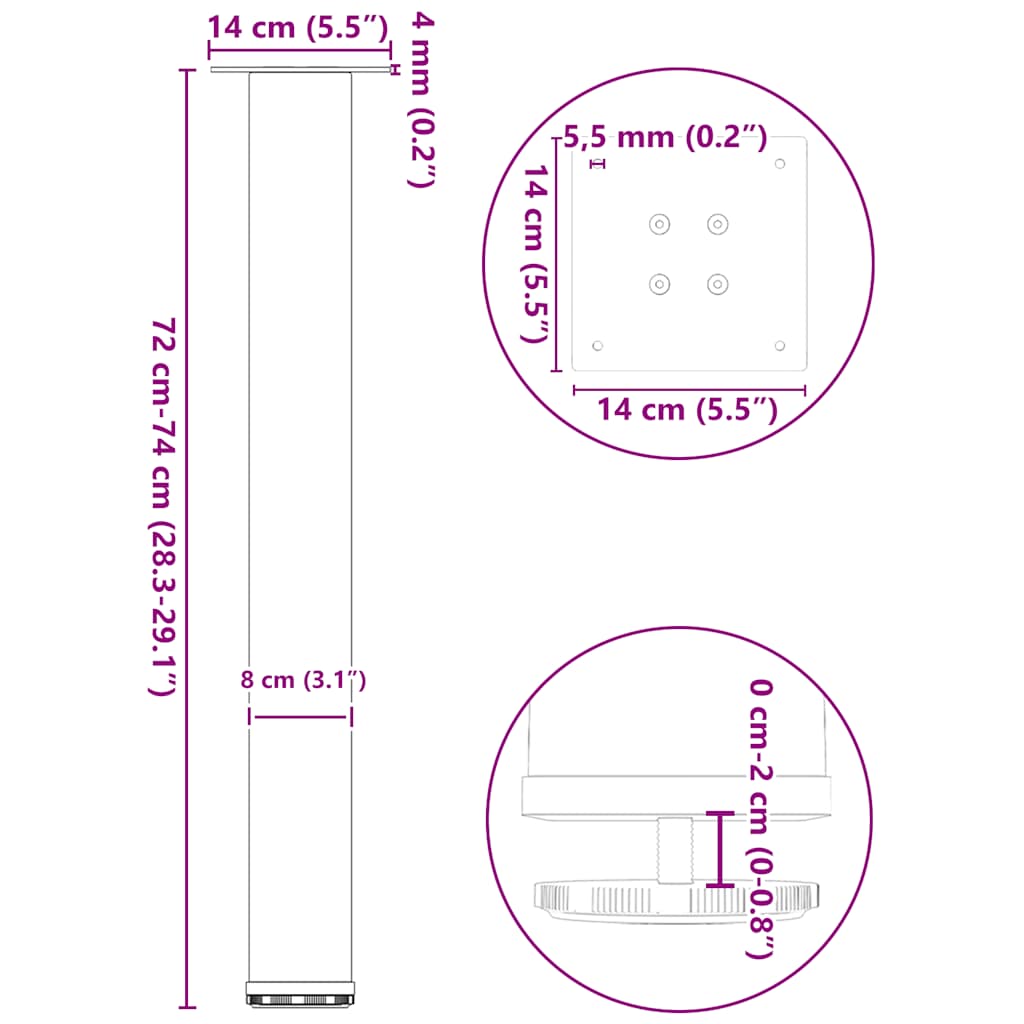 vidaXL Console Table Legs 4 pcs White 72-74 cm Steel