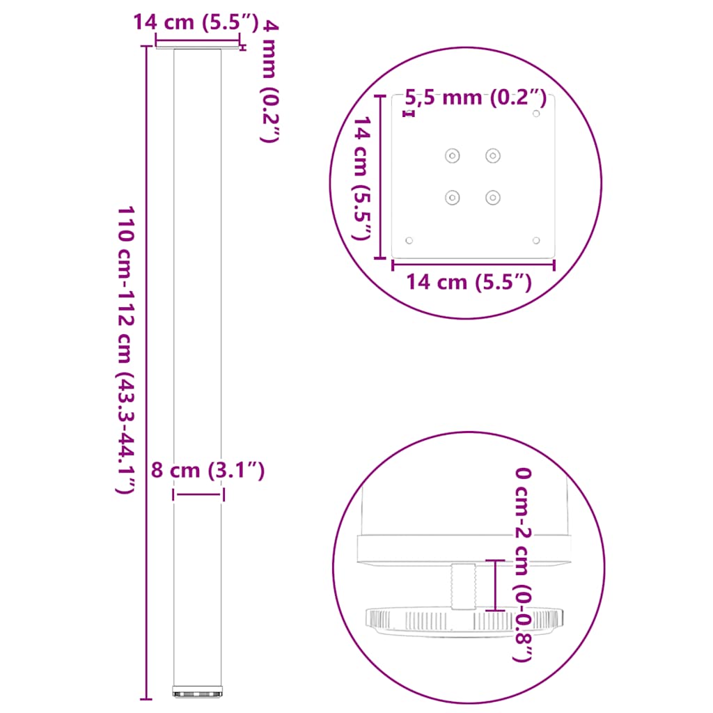 vidaXL Bar Table Legs 4 pcs Natural Steel 110-112 cm Steel